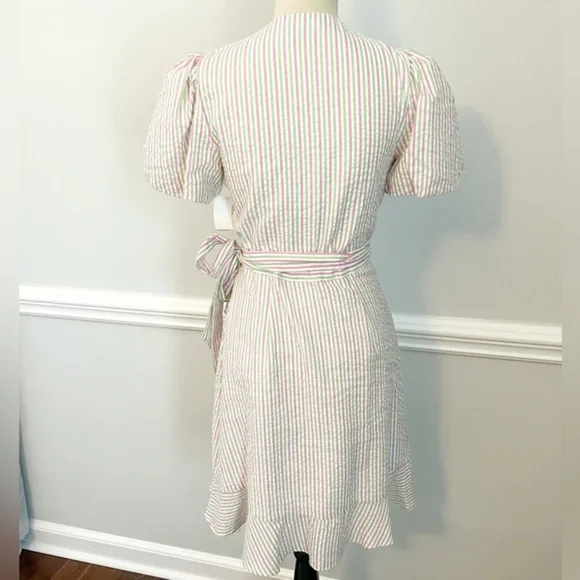 NWT Draper James RSVP Pink Green Striped Seersucker Puff Sleeve Wrap Dress, Sz S - Picture 6 of 10